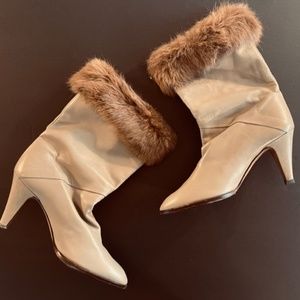 Vintage Tan Faux Fur, Leather Trim Ankle Boots, Red Lining